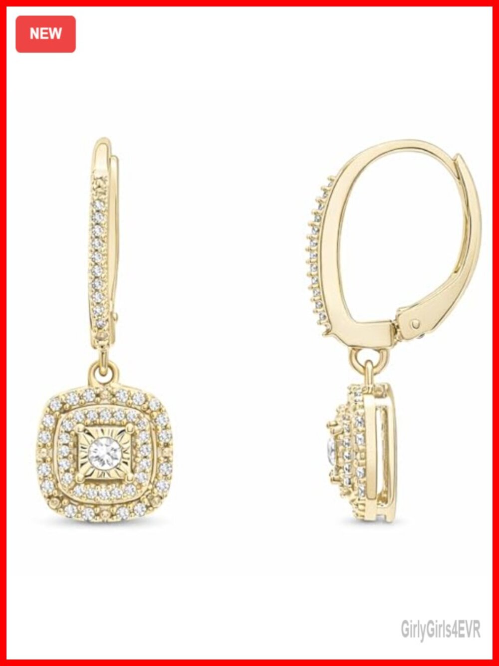 1/4 CTTW Square Diamond Dangle Earrings in Yellow Gold Over 925 Sterling